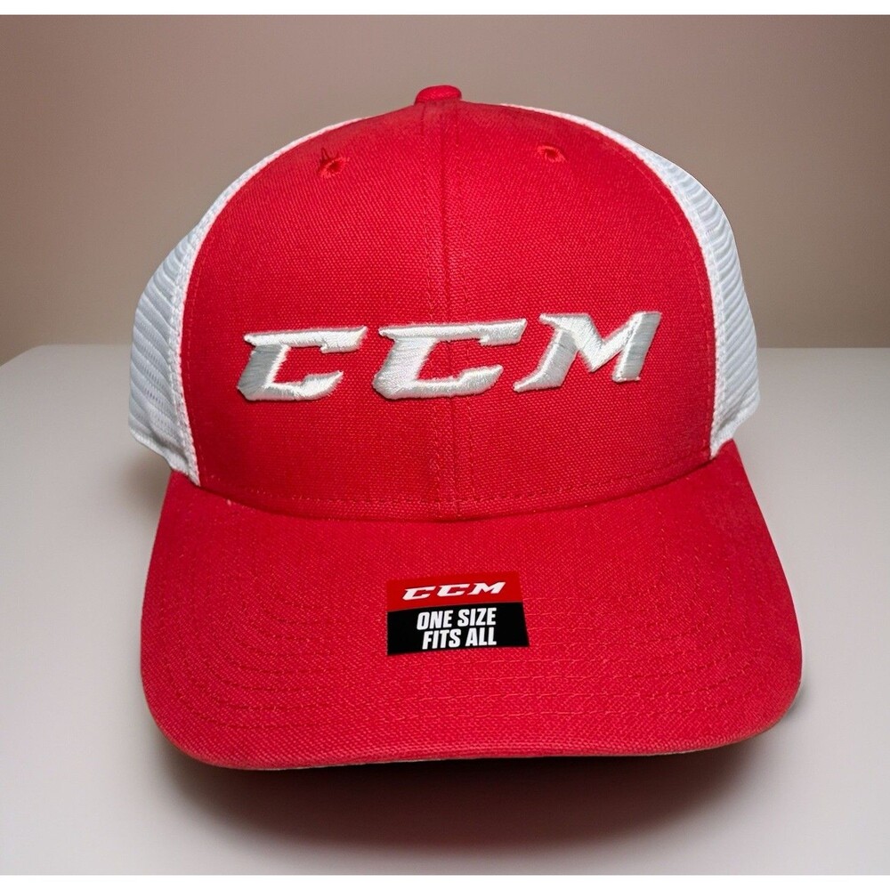 CCM Hockey Hat Spellout Snapback Trucker Cap Red & White Brand New With Tags